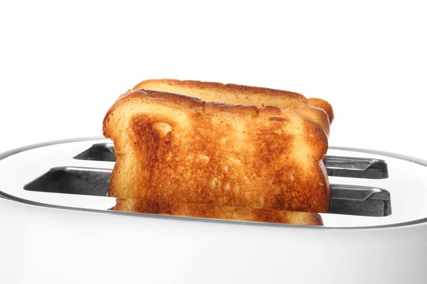 Сучасний Тостер Шматочками Хліба Білому Тлі Крупним Планом — стокове фото
