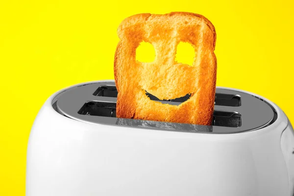 Funny Slice Bread Toaster Yellow Background Closeup — Stock Photo, Image