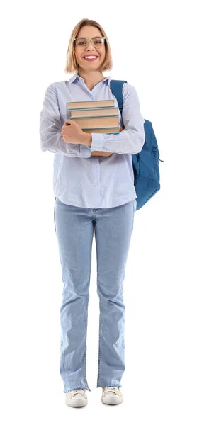 Estudante Sexo Feminino Com Livros Isolados Branco — Fotografia de Stock