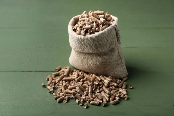 Bag Wood Pellets Color Wooden Background — Stock Photo, Image