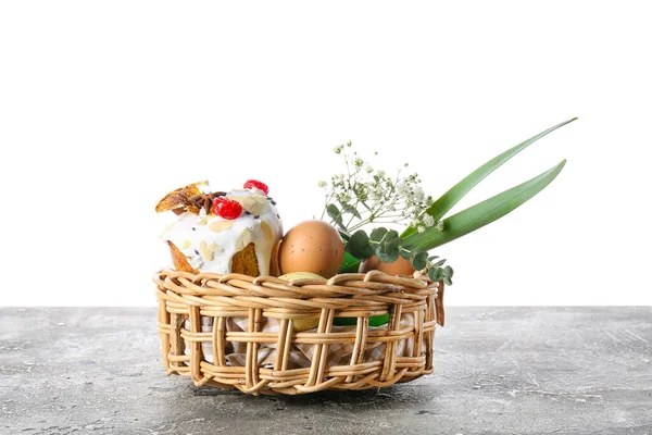 Gift Basket Easter Eggs Flowers Cake Table White Background — Stock Photo, Image