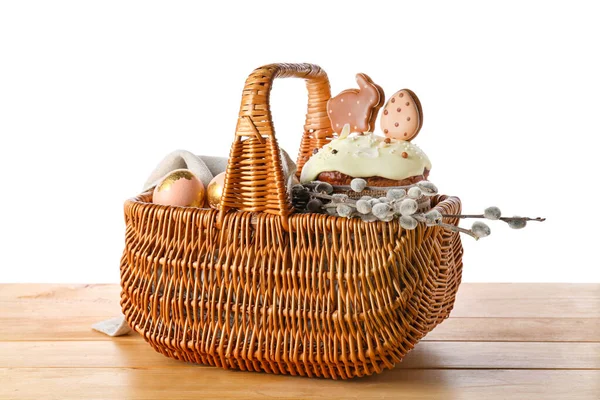 Gift Basket Painted Easter Eggs Pussy Willow Branches Cake Table — ストック写真