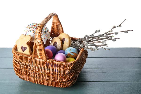Gift Basket Painted Easter Eggs Pussy Willow Branches Cookies Cake — Zdjęcie stockowe
