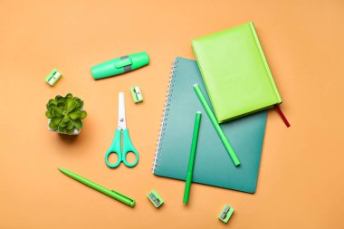 Renk arkaplan üzerinde farklı kırtasiye ve ev bitkisine sahip kompozisyon