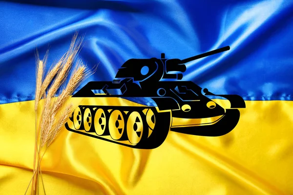 Bandiera Dell Ucraina Con Spighette Grano Disegno Serbatoio Guerra Ucraina — Foto Stock