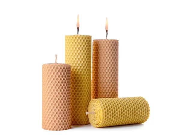 Molte Candele Cera Isolate Sfondo Bianco — Foto Stock