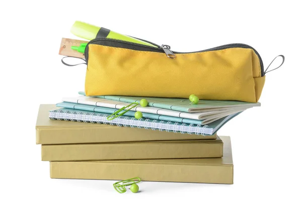 Stack Books Notebooks Pencil Case Stationery White Background — Stock Photo, Image