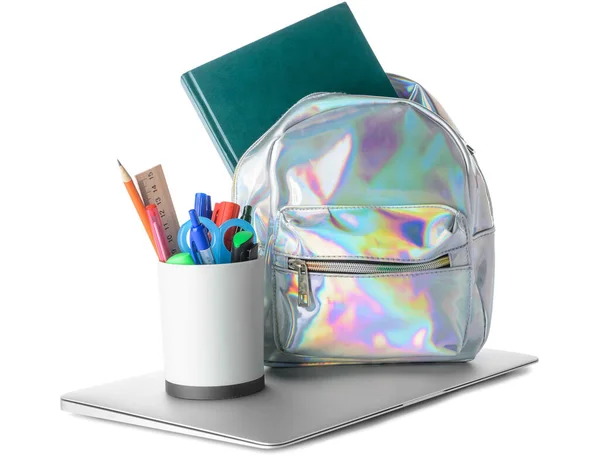 Stylish Backpack Stationery Laptop White Background — Stock Photo, Image