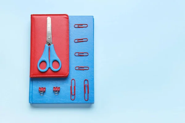 Notebooks Scissors Clips Color Background — Stock Photo, Image
