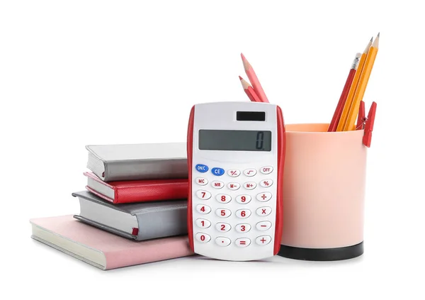 Montón Cuadernos Calculadora Lápices Sobre Fondo Blanco —  Fotos de Stock