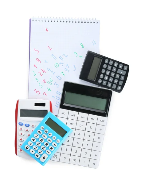 Różne Kalkulatory Notatnik Białym Tle — Zdjęcie stockowe
