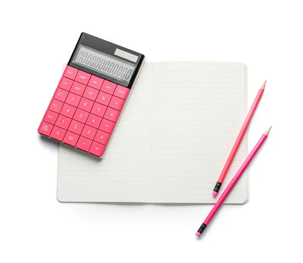 Калькулятор Открытый Ноутбук Карандаши Белом Фоне — стоковое фото