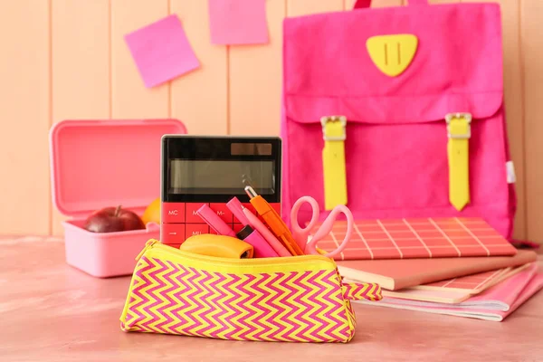 Stylish Pencil Case Stationery Calculator Table — Stock Photo, Image