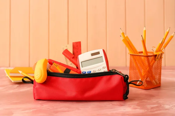 Red Pencil Case Stationery Table — Stock Photo, Image