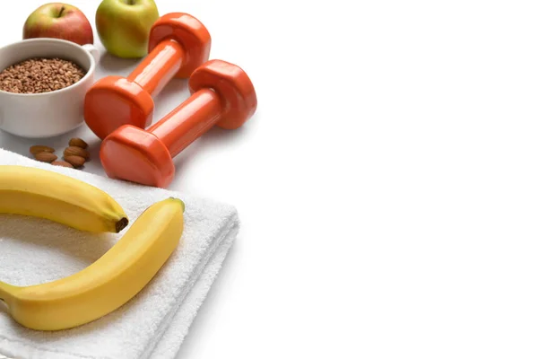 Dumbbells Towel Healthy Products White Background Closeup — Stock Photo, Image