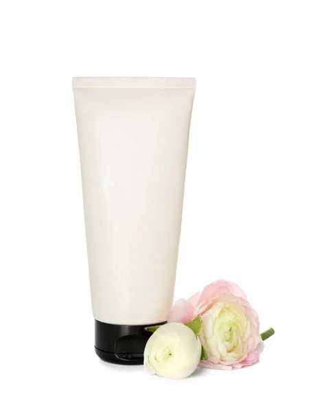 Tube Cosmetic Product Ranunculus Flowers White Background — Stock Photo, Image