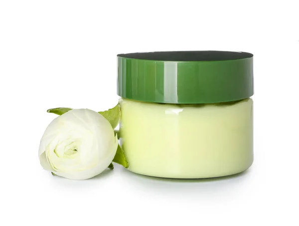 Glas Mit Kosmetischem Produkt Und Hahnenfuß Blume Auf Weißem Hintergrund — Stockfoto