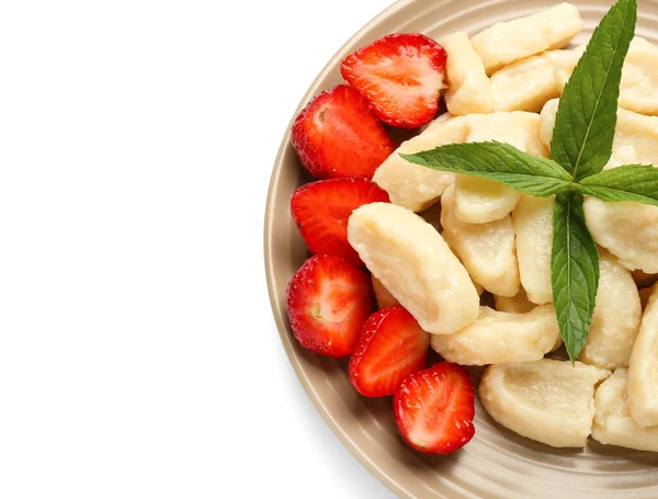 Plate Tasty Lazy Dumplings Strawberry White Background Closeup — Stock Photo, Image