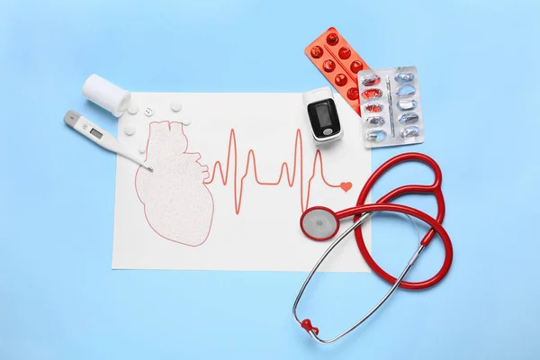 Composition Pulse Oximeter Stethoscope Pills Cardiogram Color Background — Stock Photo, Image