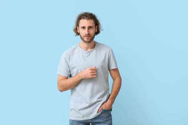 Handsome Young Man Stylish Shirt Blue Background — Stock Photo, Image