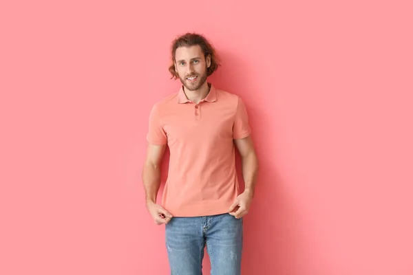 Handsome Young Man Stylish Polo Shirt Pink Background — Stock Photo, Image