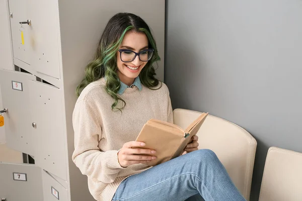 Beautiful Female Student Reading Book While Sitting Locker University — Stock Photo, Image