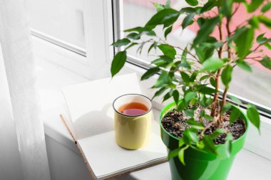 Yeşil çiçek, bir fincan çay ve pencere pervazında kitap.