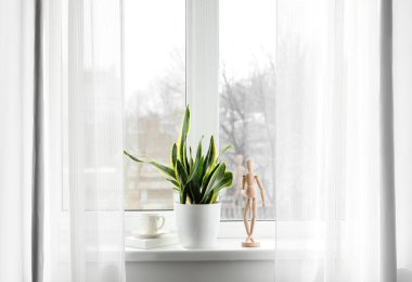 Yeşil ev bitkisi, bir fincan çay, kitap ve pencere pervazında ahşap insan figürü.