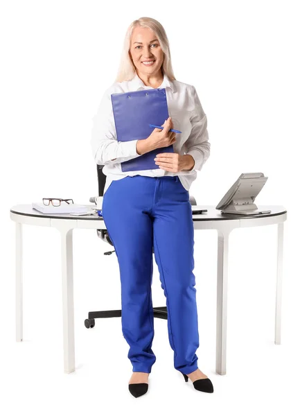 Mature Secretary Her Workplace White Background — Stock Photo, Image