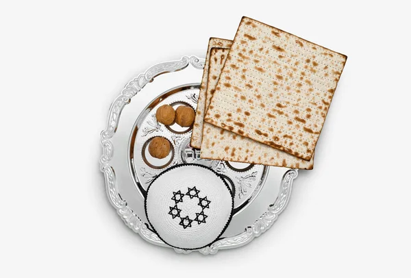 Passover Seder Plate Flatbread Matza Walnuts Kippah Light Background — Stock Photo, Image