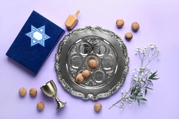 Composition Passover Seder Plate Torah Color Background — Stock Photo, Image