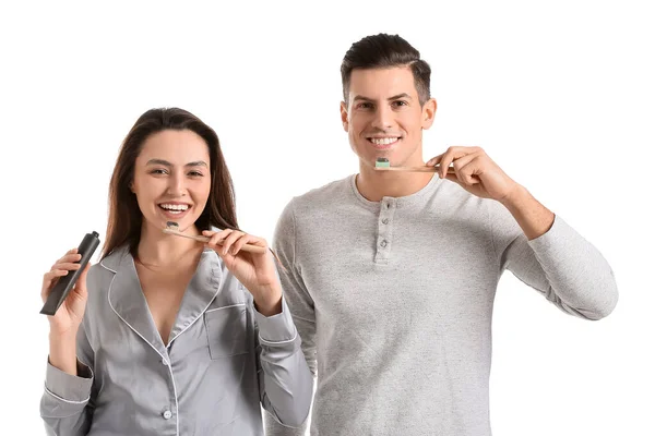 Casal Jovem Escovar Dentes Com Carvão Ativado Pasta Dente Fundo — Fotografia de Stock