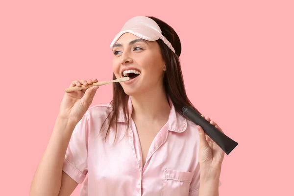 Beautiful Young Woman Brushing Teeth Activated Charcoal Tooth Paste Pink — Stock Photo, Image