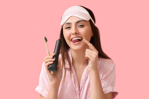 Beautiful Young Woman Activated Charcoal Tooth Paste Brush Pink Background — Stock Photo, Image