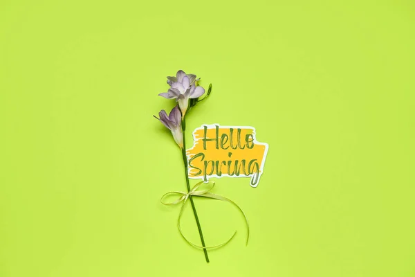 Gyönyörű Virág Szöveg Hello Spring Zöld Háttér — Stock Fotó