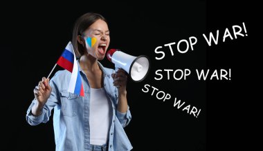 Screaming Ukrainian woman with flag of Russia and megaphone on dark background. Stop war clipart