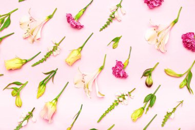 Renk arkaplanındaki farklı çiçeklerden oluşan çiçek deseni