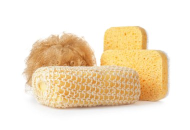 Beyaz arka planda farklı banyo süngerleri