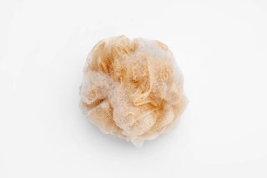 Köpüklü sabunlu sünger beyaz arka planda izole edilmiş.