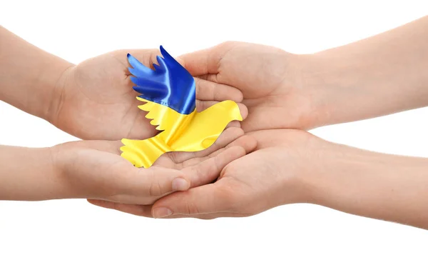 Hands Family Small Dove Colors Ukrainian Flag White Background War — Stock Photo, Image