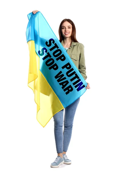 Молодая Женщина Украинским Флагом Текстом Стоп Путин Стоп Война Белом — стоковое фото