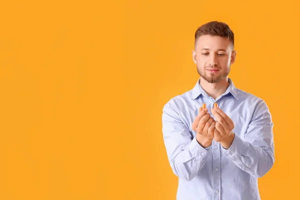 Young Man Ear Plugs Yellow Background — Stock Photo, Image
