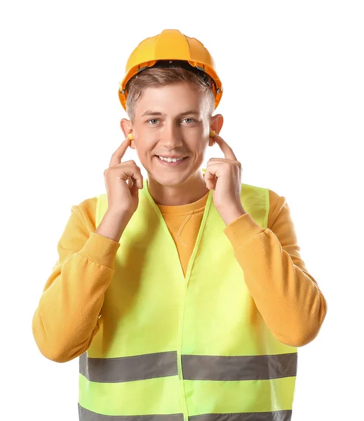 Constructor Masculino Con Tapones Para Los Oídos Sobre Fondo Blanco —  Fotos de Stock