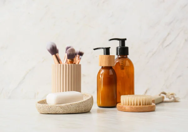 Bowl Soap Bar Cosmetics Massage Brush Light Background — Stock Photo, Image