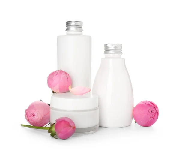 Set Cosmetic Products Rose Flowers White Background — Stock Photo, Image