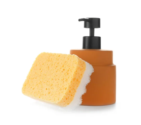 Bottle Cosmetic Product Bath Sponge White Background — Stock Photo, Image