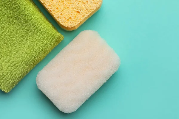Asciugamano Spugne Bagno Sfondo Colore Primo Piano — Foto Stock