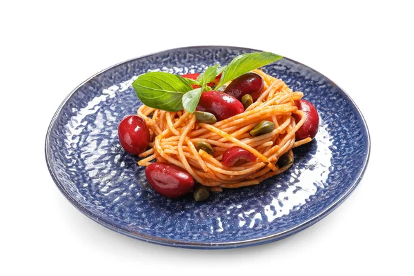 Plate Delicious Pasta Puttanesca Basil White Background — Stock Photo, Image