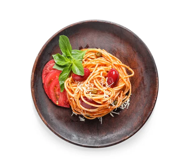 Tasty Pasta Puttanesca Basil Plate White Background — Stock Photo, Image