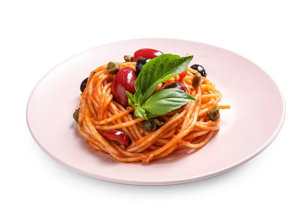 Delicious Pasta Puttanesca Basil Plate White Background — Stock Photo, Image